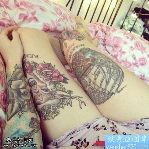 腿部船鹿纹身图案