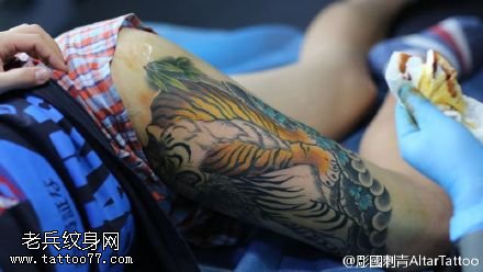 大腿上彩绘的老虎纹身图案
