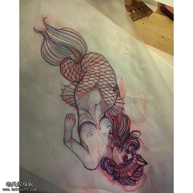 手稿点刺线条美人鱼纹身图案