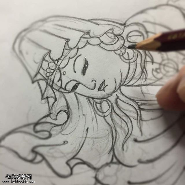 手稿素描观音纹身图案
