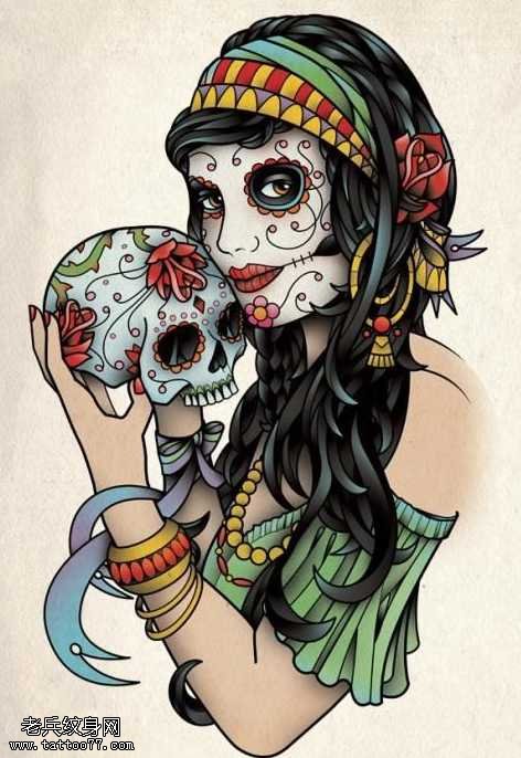 手稿流行骷髅头女郎纹身图案