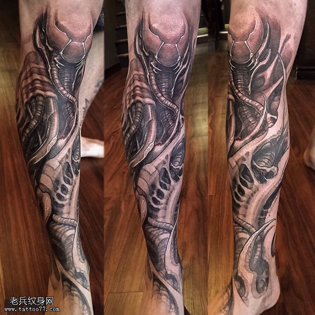 小腿逼真的筋脉纹身图案