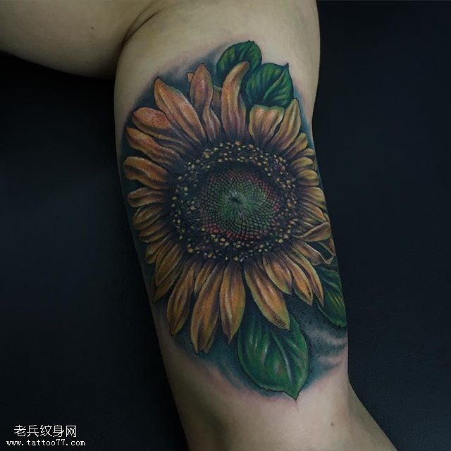 小腿的写实向日葵纹身图案