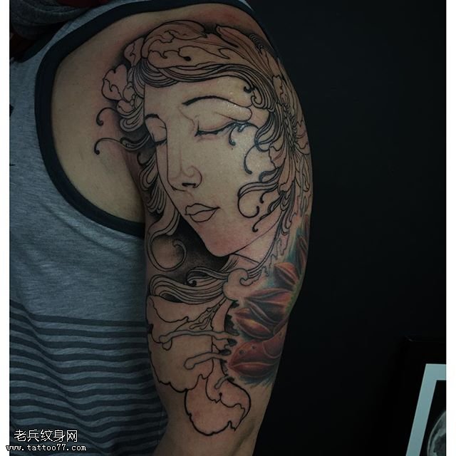 肩部线条睡美人纹身图案