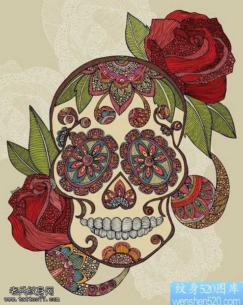 一幅欧美骷髅玫瑰纹身图案