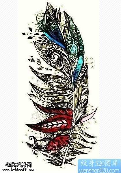 手稿彩色羽毛纹身图案