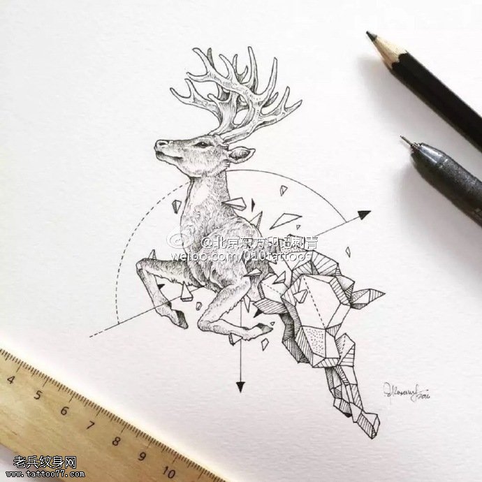 手稿写实几何图腾鹿纹身图案