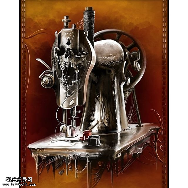 手稿骷髅缝纫机纹身图案