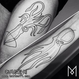 大腿点刺的章鱼纹身图案