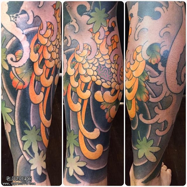 小腿的彩色菊花纹身图案