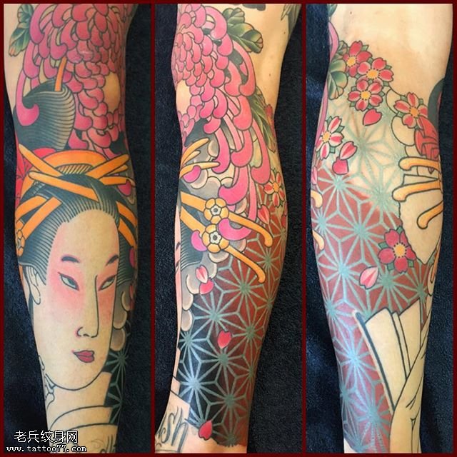 小腿的艺妓菊花纹身图案
