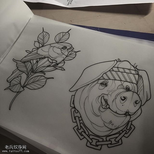 手稿线条花卉小猪纹身图案