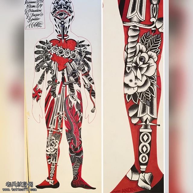 手稿梵花骨架纹身图案