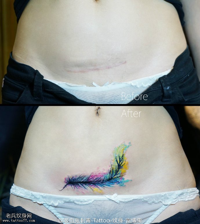 遮盖伤疤水彩的羽毛纹身图案