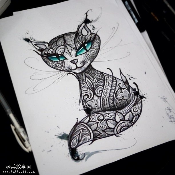 手稿梵花猫咪纹身图案