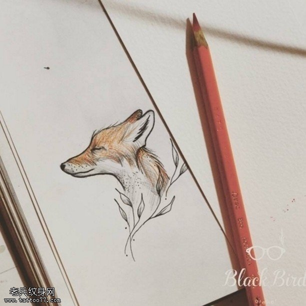 手稿线条小狐狸纹身图案