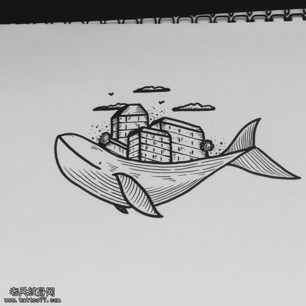 线条海豚房子纹身图案