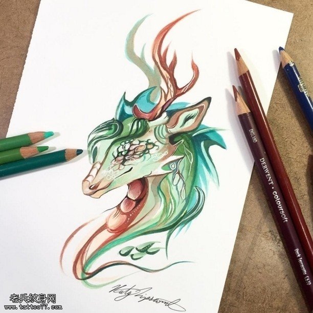 手稿水彩小鹿纹身图案