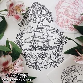 手稿经典帆船纹身图案