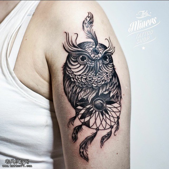 肩部捕梦网猫头鹰纹身图案