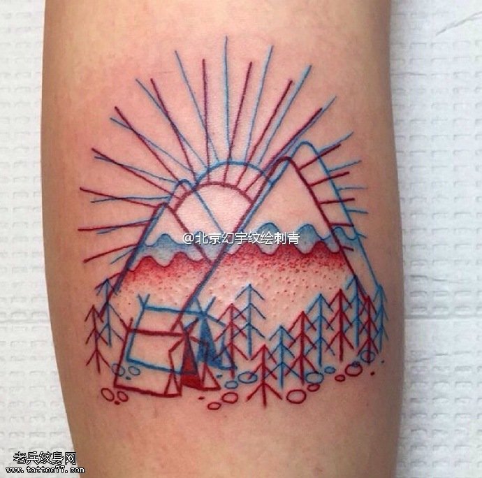 小腿点刺线条日出纹身图案