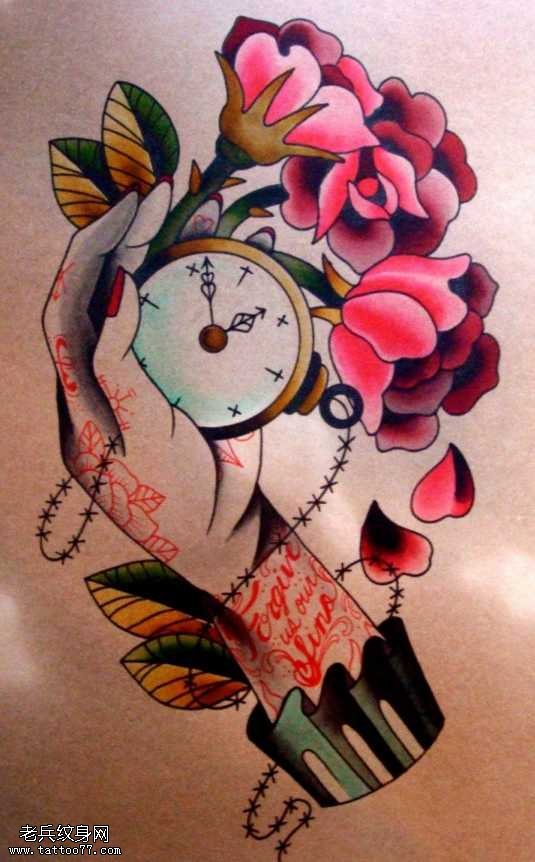 手稿漂亮的怀表纹身图案