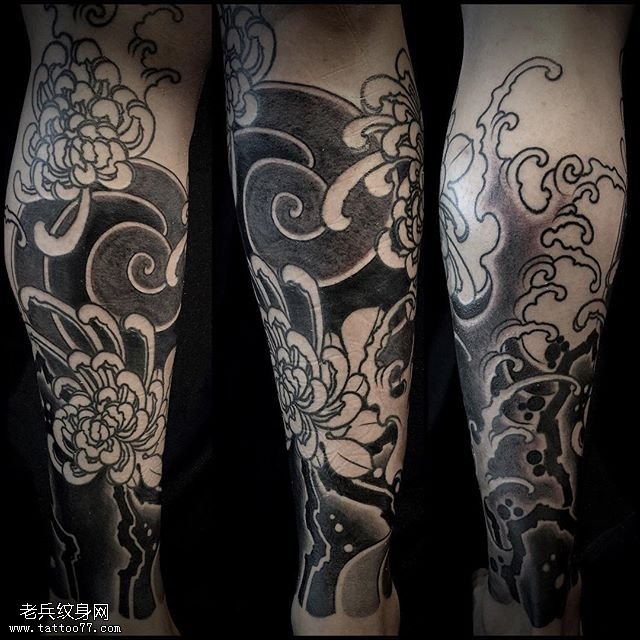 小腿经典黑灰菊花图腾纹身图案