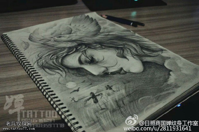 手稿经典素描的美女纹身图案