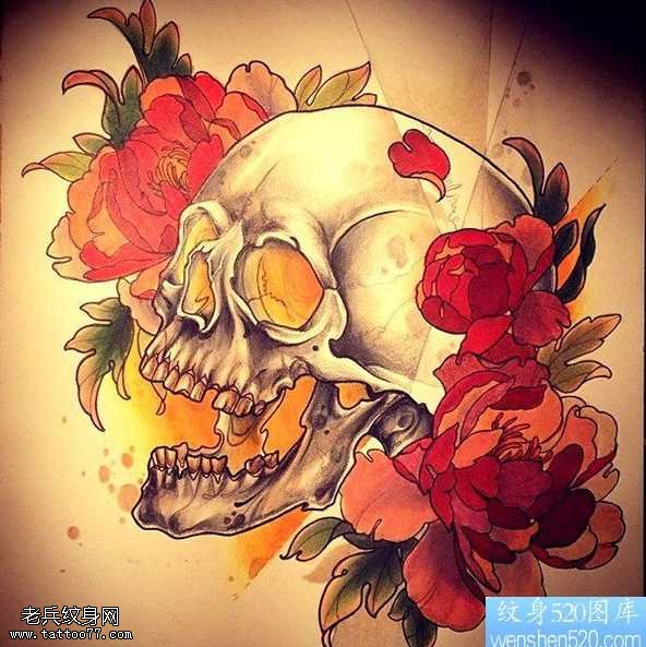 欧美彩色骷髅头牡丹花纹身图案