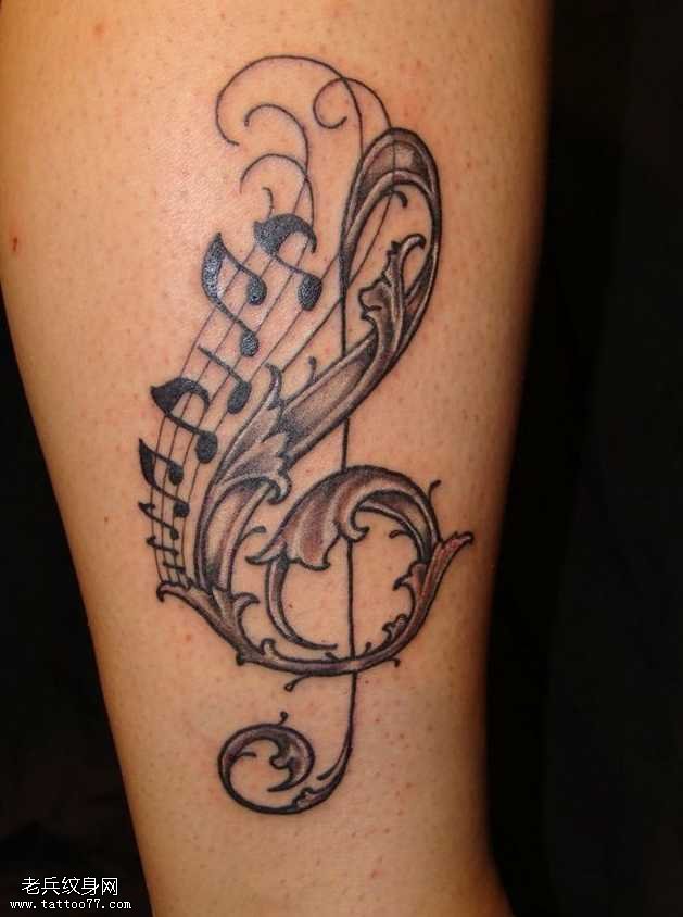 腿部漂亮的音符纹身图案