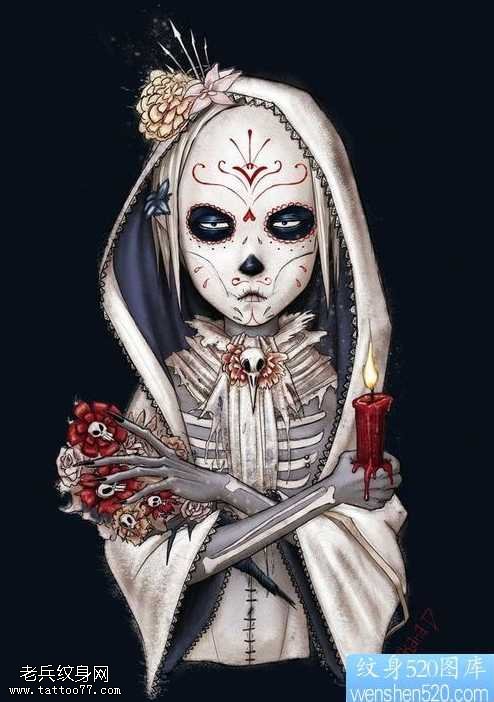 手稿小女孩骷髅纹身图案