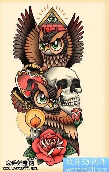 手稿骷髅头上帝之眼猫头鹰纹身图案