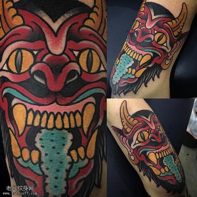 腿部的般若面具纹身图案