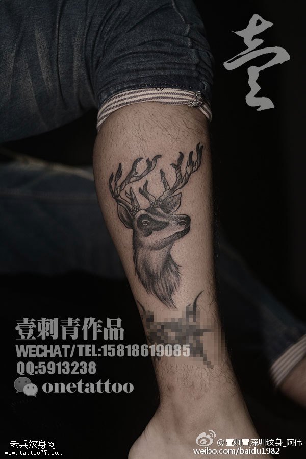 小腿上的一只鹿纹身图案