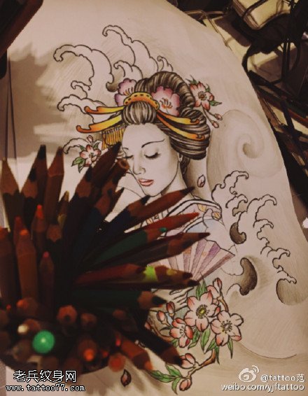 漂亮的艺妓手稿纹身图案