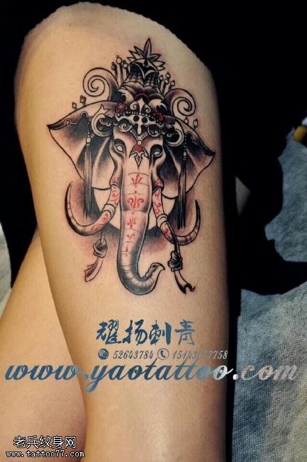 腿部个性象神纹身图案