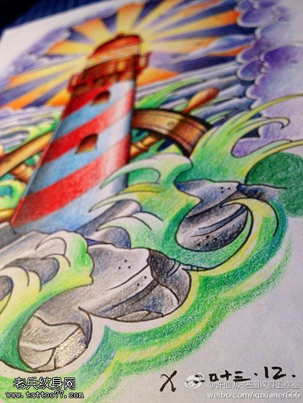 彩色school船舵灯塔纹身手稿图片