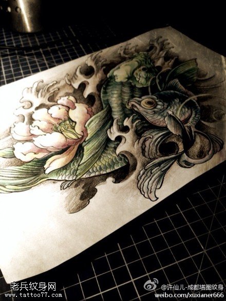 彩色牡丹鲤鱼纹身手稿图片