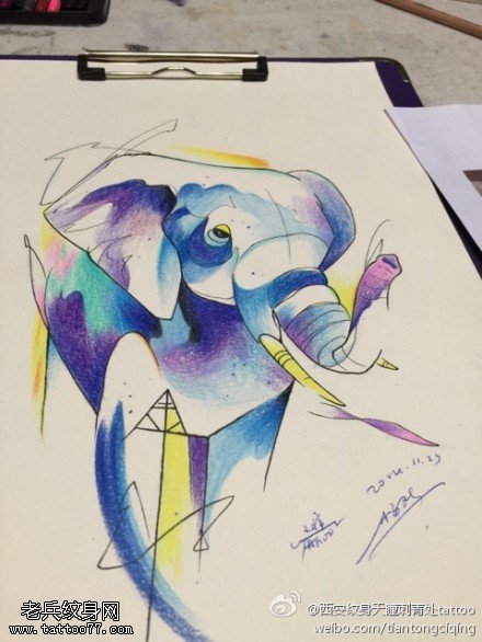泼墨象纹身手稿图片