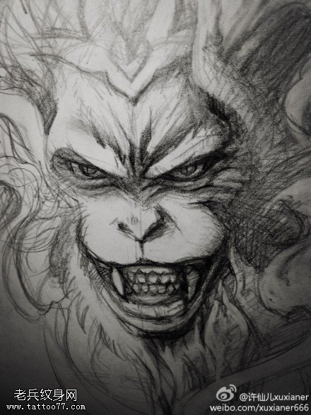 黑灰线稿孙悟空纹身图片