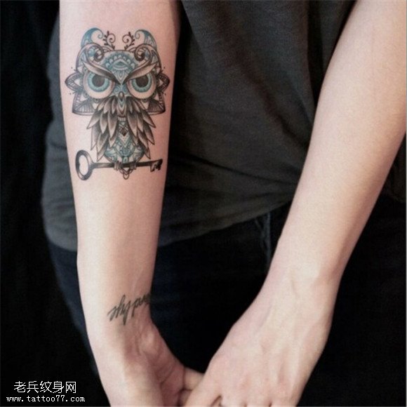 手臂彩色猫头鹰钥匙纹身图片