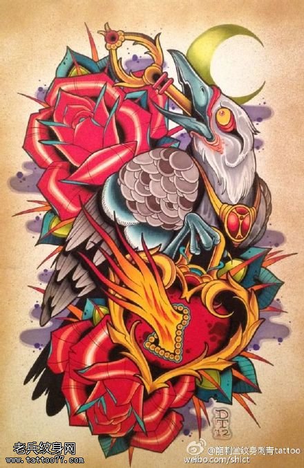 月下口吐钥匙乌鸦纹身图案