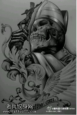 手持十字架耶稣骷髅纹身图案