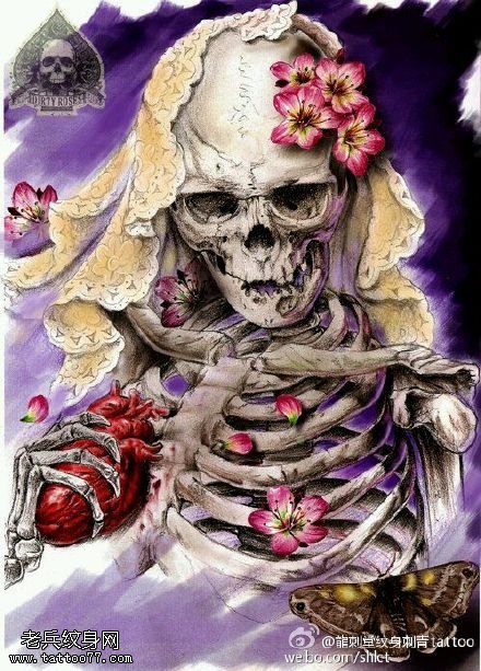 手持心脏骨上骷髅纹身图案