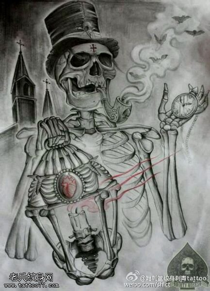手持灯盏绅士烟斗纹身图案