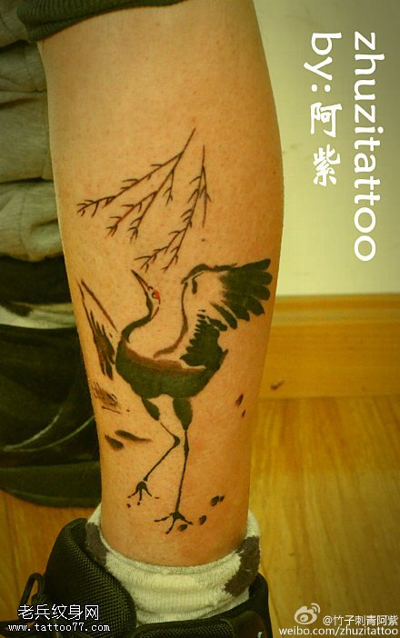 腿部中国风仙鹤纹身图案