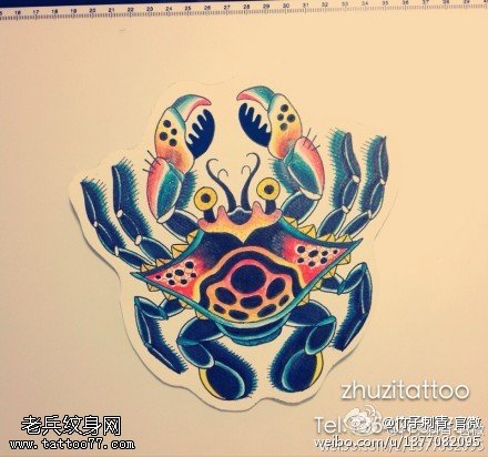宝蓝色美丽可爱插画风格螃蟹纹身图案