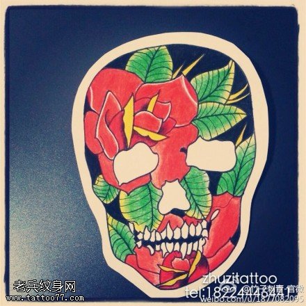 骷髅镂空大花红色玫瑰花纹身图案