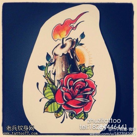 玫瑰与燃烧蜡烛纹身图案