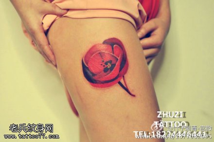 腿部遮盖罂粟花纹身图案
